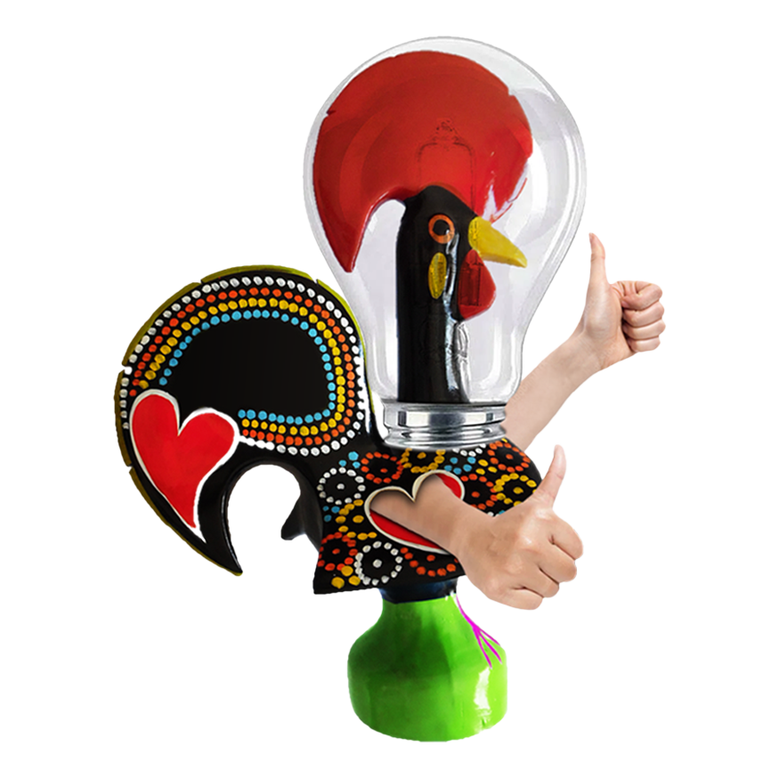 Galo de Barcelos dentro de uma lâmpada, símbolo da Tuga Comunicação
